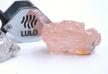 This photo supplied by Lucapa Diamond Company on Wednesday, July 27, 2022, shows the 170 carat pink diamond, right, recovered from Lulo, Angola. A big pink diamond of 170 carats has been discovered in Angola and is claimed to be the largest such gemstone found in 300 years.