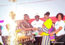 An elated Madam Stella Gyimaah Larbi greets Vice President Bawumia